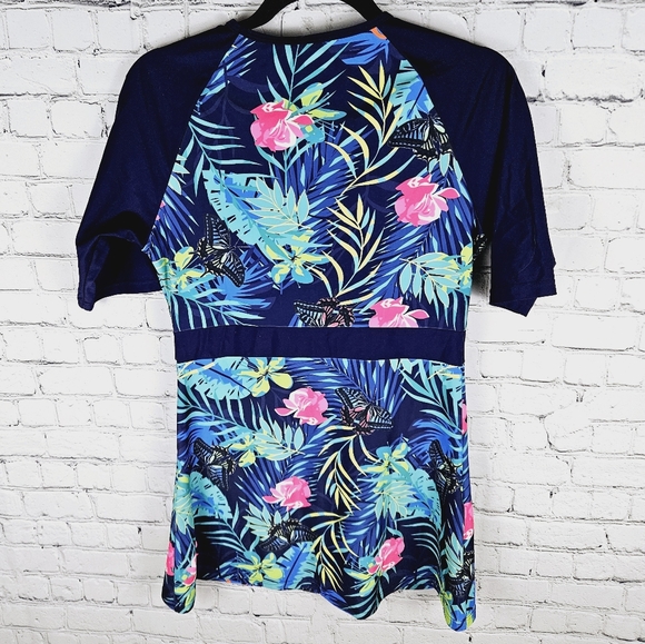 FOKULUNDA | floral short sleeve modest padded swim tankini top - Picture 2 of 6